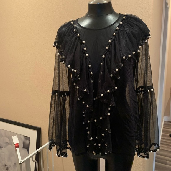 Jaspal Tops - JASPAL Sheer Lace black blouse with pearl details